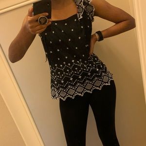 Black and white flowy square neck shirt